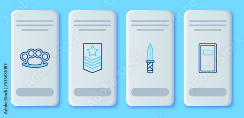 Set line Chevron, Military knife, Brass knuckles and Police assault shield icon. Vector