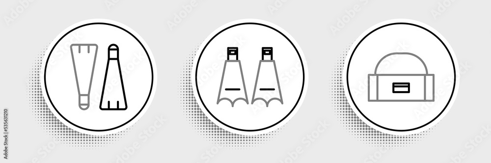Set line Case or box container for wobbler, Rubber flippers swimming and icon. Vector Set line Case or box container for wobbler, Rubber flippers swimming and icon. Vector