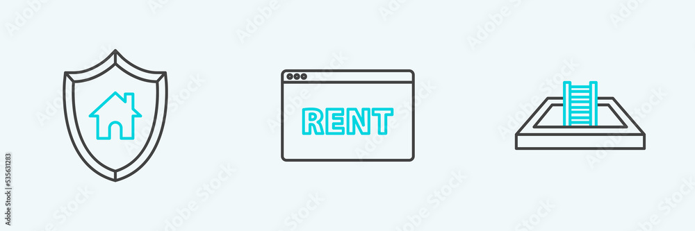 Set line Swimming pool with ladder, House shield and Hanging sign text Online Rent icon. Vector Set line Swimming pool with ladder, House shield and Hanging sign text Online Rent icon. Vector