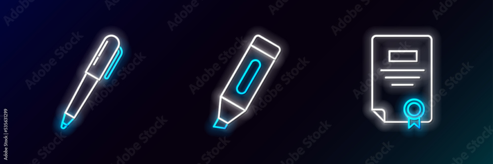 Set line Certificate template, Pen and Marker pen icon. Glowing neon. Vector Set line Certificate template, Pen and Marker pen icon. Glowing neon. Vector