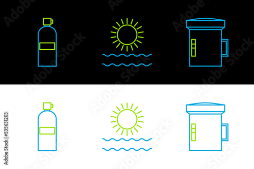 Set line Big flashlight for diver, Aqualung and Sun and waves icon. Vector