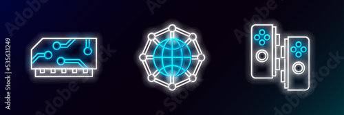 Set line Gamepad, RAM, random access memory and Global technology social network icon. Glowing neon. Vector