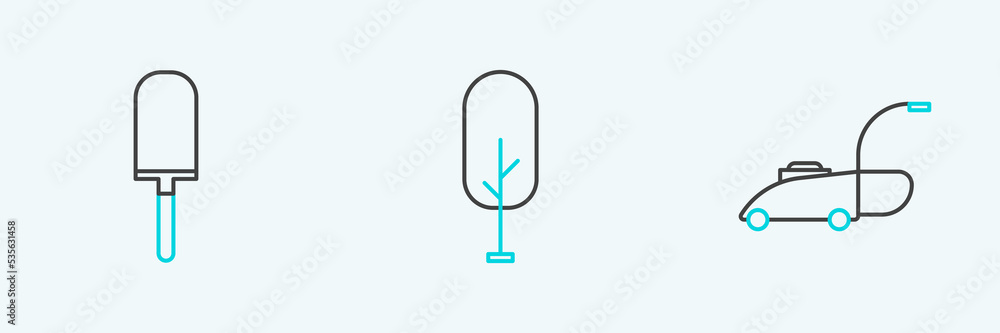 Set line Lawn mower, Garden trowel spade or shovel and Tree icon. Vector Set line Lawn mower, Garden trowel spade or shovel and Tree icon. Vector