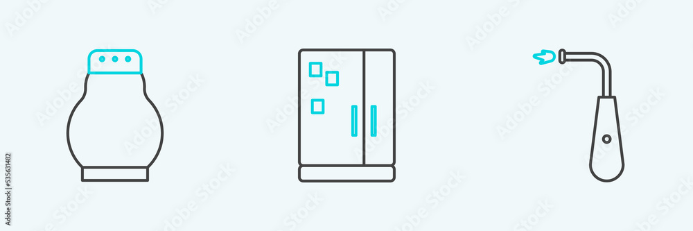 Set line Long electric lighter, Salt and pepper and Refrigerator icon. Vector Set line Long electric lighter, Salt and pepper and Refrigerator icon. Vector