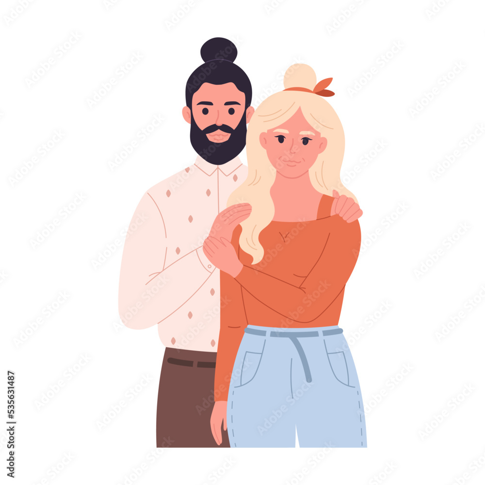 Love couple hugging and smiling. Sweetheart couple together. happy family portrait. Hand drawn vector illustration