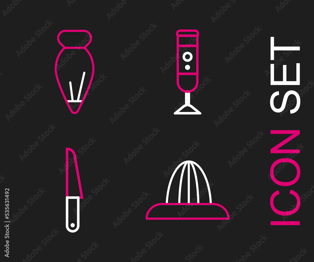 Set line Citrus fruit juicer, Knife, Blender and Pastry bag for decorate cakes icon. Vector Set line Citrus fruit juicer, Knife, Blender and Pastry bag for decorate cakes icon. Vector