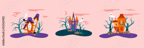 Halloween hounted houses set vector illustration with spooky trees and ghosts. Collection of scary houses