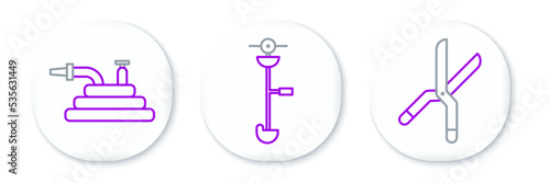 Set line Gardening handmade scissors, hose fire hose and Grass weed electric string trimmer icon. Vector