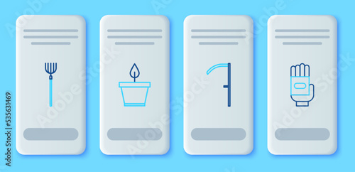 Set line Plant in pot, Scythe, Garden pitchfork and gloves icon. Vector