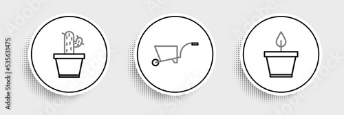 Set line Plant in pot, Cactus and succulent and Wheelbarrow icon. Vector