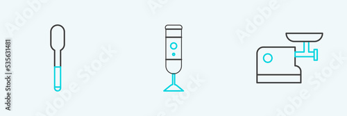 Set line Kitchen meat grinder, Spoon and Blender icon. Vector