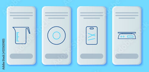 Set line Plate, Cutting board, Measuring cup and Electronic scales icon. Vector