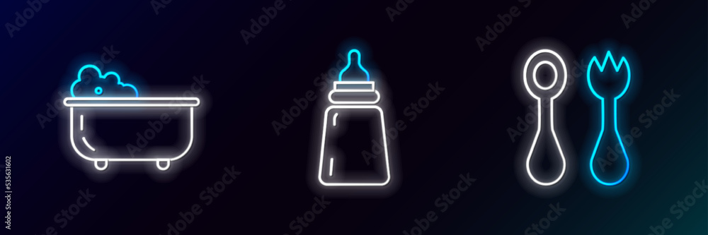 Set line Baby cutlery with fork and spoon, bathtub and bottle icon. Glowing neon. Vector Set line Baby cutlery with fork and spoon, bathtub and bottle icon. Glowing neon. Vector