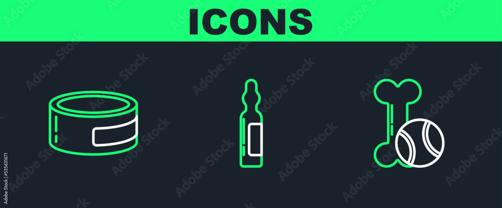 Set line Pet toys bone rubber and ball, Canned food and Pets vial medical icon. Vector Set line Pet toys bone rubber and ball, Canned food and Pets vial medical icon. Vector