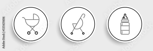 Set line Baby bottle, stroller and icon. Vector