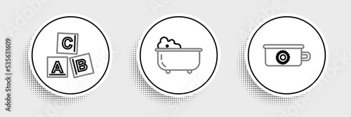Set line Baby potty, ABC blocks and bathtub icon. Vector
