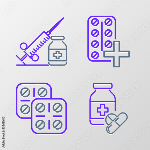 Set line Medicine bottle and pills, Pills blister pack, and Medical syringe with needle vial or ampoule icon. Vector