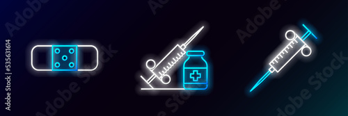 Set line Syringe, Bandage plaster and Medical syringe with needle vial or ampoule icon. Glowing neon. Vector