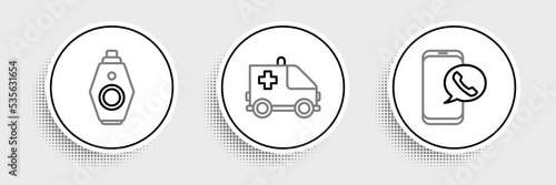 Set line Taxi call telephone service, Car key with remote and Ambulance and emergency car icon. Vector