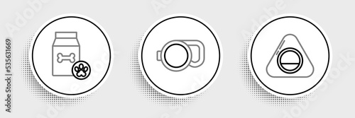 Set line Pet bed, Bag of food for pet and Retractable cord leash icon. Vector