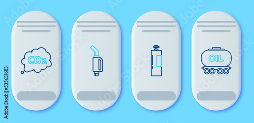 Set line Gasoline pump nozzle, Industrial gas cylinder tank, CO2 emissions cloud and Oil railway cistern icon. Vector