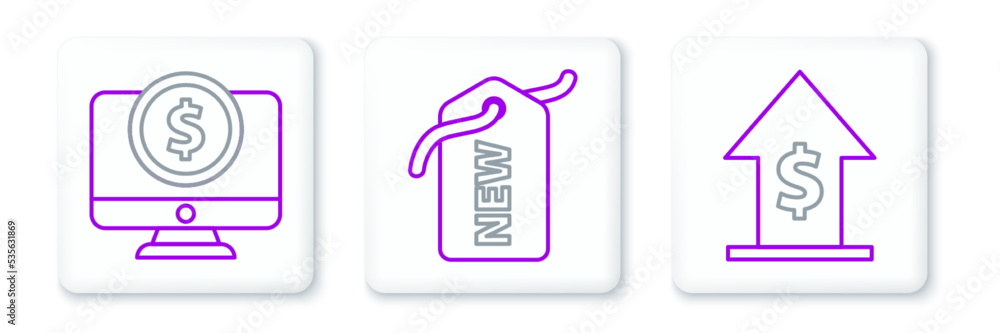 Set line Financial growth and coin, Computer monitor with dollar and Price tag New icon. Vector Set line Financial growth and coin, Computer monitor with dollar and Price tag New icon. Vector
