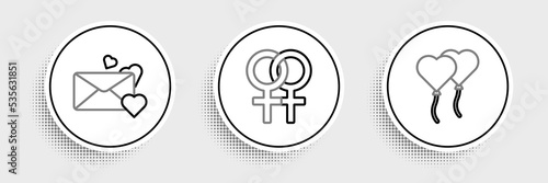 Set line Balloons in form of heart, Envelope with and Female gender symbol icon. Vector