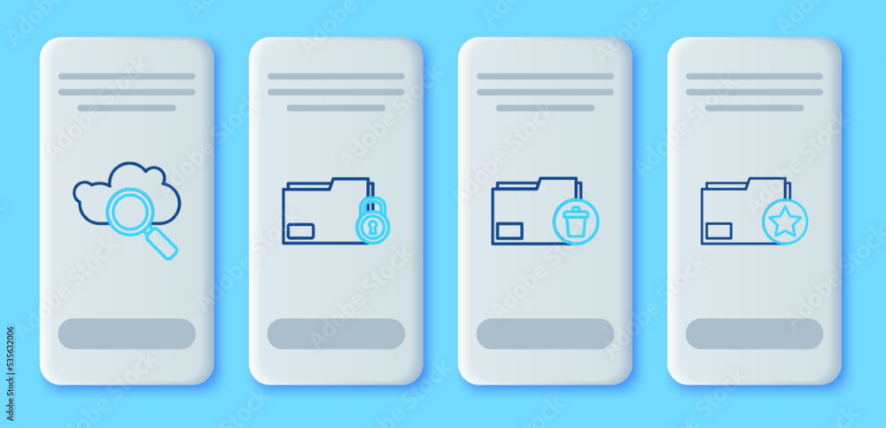 Set line Folder and lock, Delete folder, Search cloud computing and Document with star icon. Vector Set line Folder and lock, Delete folder, Search cloud computing and Document with star icon. Vector