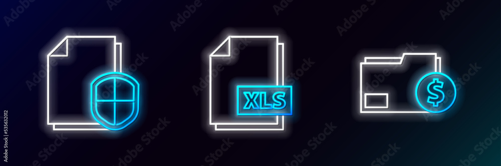 Set line Finance document folder, Document protection concept and XLS file icon. Glowing neon. Vector Set line Finance document folder, Document protection concept and XLS file icon. Glowing neon. Vector