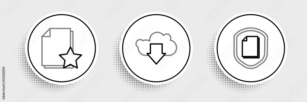 Set line Document protection concept, with star and Cloud download icon. Vector