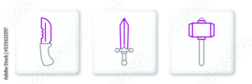 Set line Battle hammer, Military knife and Medieval sword icon. Vector