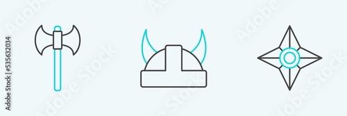 Set line Japanese ninja shuriken, Medieval axe and Viking horned helmet icon. Vector