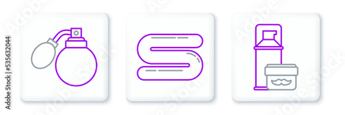 Set line Shaving gel foam, Aftershave bottle with atomizer and Towel icon. Vector