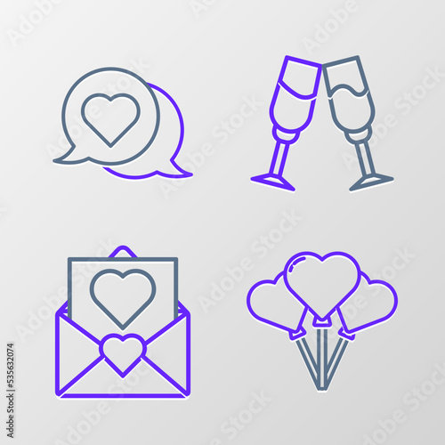 Set line Balloons in form of heart, Envelope with Valentine, Glass champagne and Heart speech bubble icon. Vector