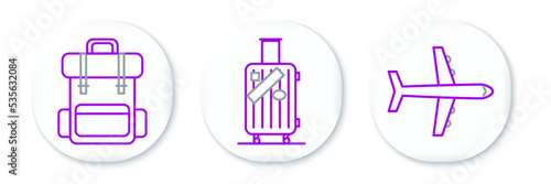 Set line Plane, Hiking backpack and Suitcase for travel and stickers icon. Vector