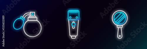 Set line Hand mirror, Aftershave bottle with atomizer and Electrical hair clipper shaver icon. Glowing neon. Vector