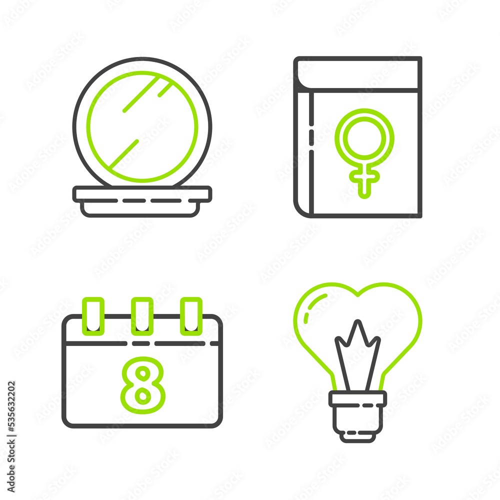 Set line Heart shape in a light bulb, Calendar with 8 March, Book about women and Makeup powder mirror icon. Vector