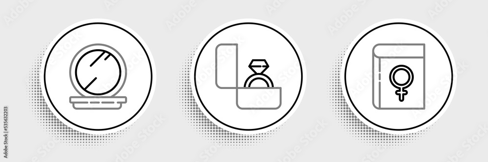 Set line Book about women, Makeup powder with mirror and Diamond engagement ring icon. Vector Set line Book about women, Makeup powder with mirror and Diamond engagement ring icon. Vector