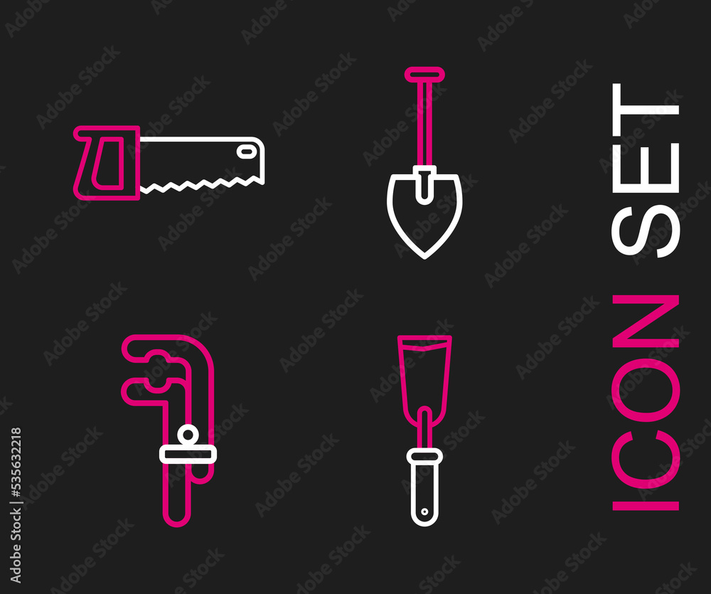 Set line Putty knife, Clamp tool, Shovel and Hand saw icon. Vector Set line Putty knife, Clamp tool, Shovel and Hand saw icon. Vector