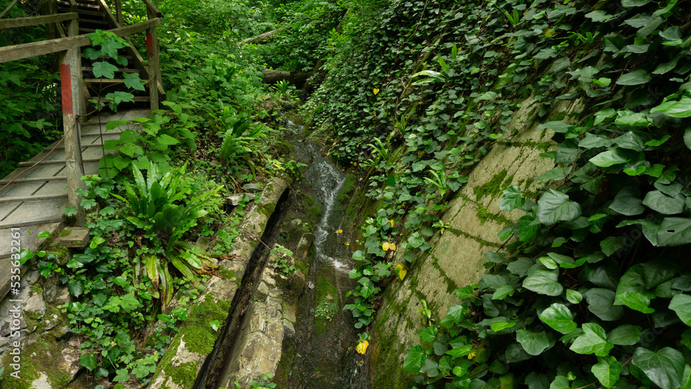 Mountain river among large stones in a green forest with small waterfalls. Sochi, Lazarevskoe, Berendeevo kingdom Mountain river among large stones in a green forest with small waterfalls. Sochi, Lazarevskoe, Berendeevo kingdom
