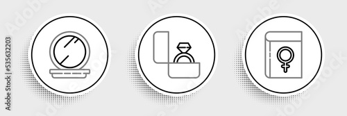 Set line Book about women, Makeup powder with mirror and Diamond engagement ring icon. Vector