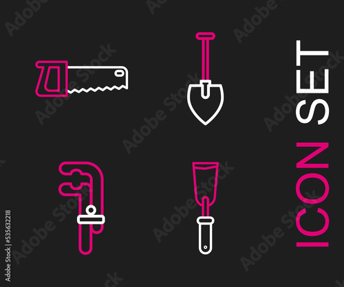 Set line Putty knife, Clamp tool, Shovel and Hand saw icon. Vector