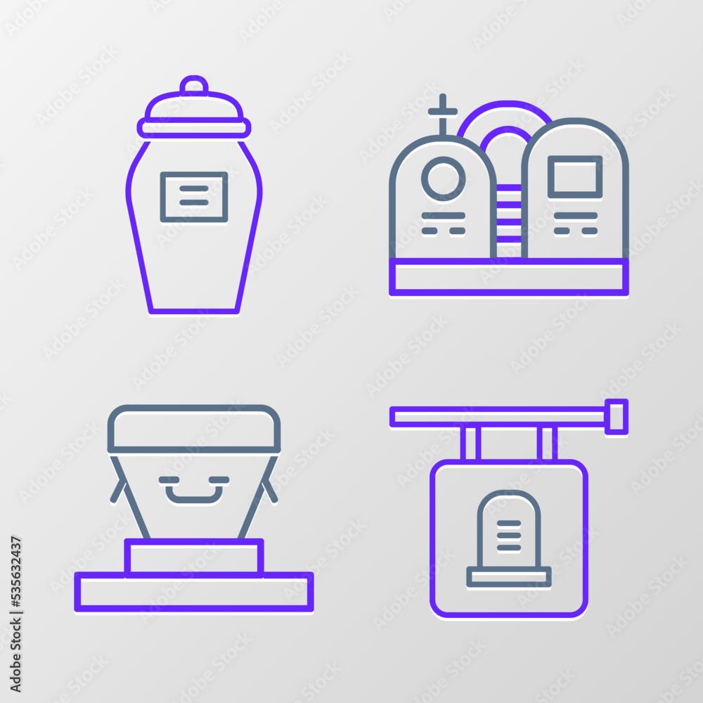 Set line Signboard tombstone, Coffin, Grave with and Funeral urn icon. Vector Set line Signboard tombstone, Coffin, Grave with and Funeral urn icon. Vector