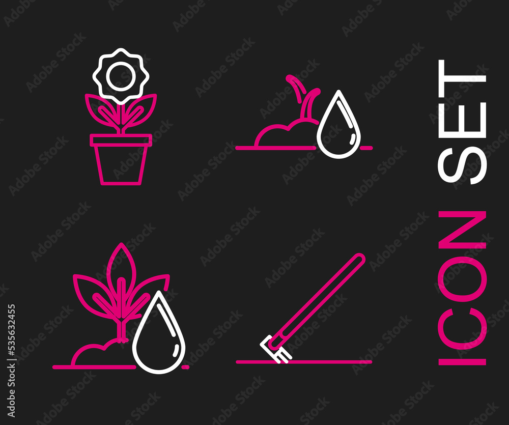 Fototapeta premium Set line Garden rake in work, Watering plant, sprout and Flower pot icon. Vector