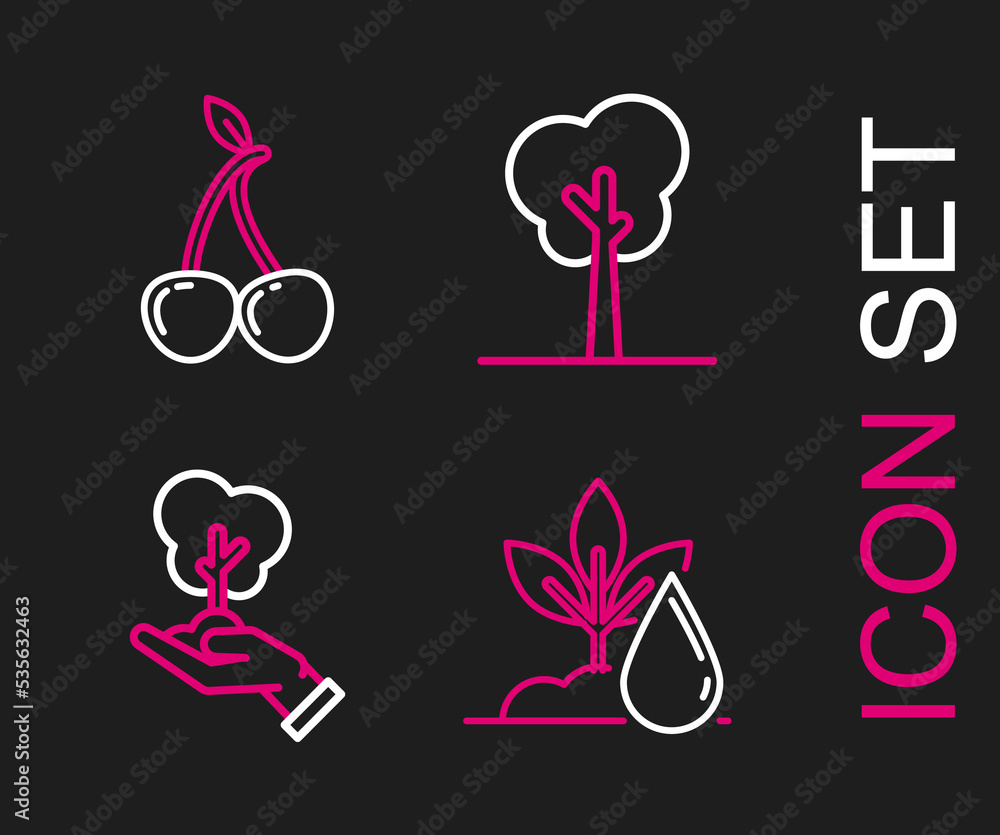 Set line Watering plant, Tree hand of environmental protection, and Cherry icon. Vector