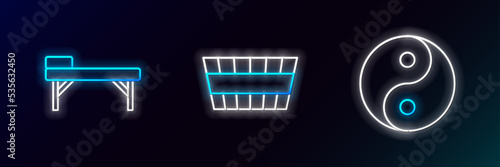 Set line Yin Yang, Massage table and Sauna bucket icon. Glowing neon. Vector