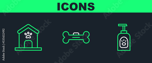 Set line Pet shampoo, Dog house and paw print and bone icon. Vector