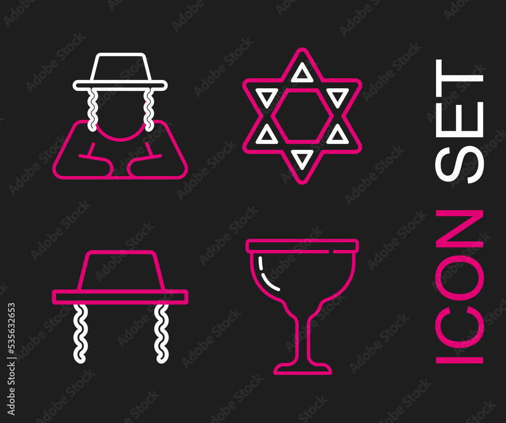Set line Jewish goblet, Orthodox jewish hat, Star of David and icon. Vector Set line Jewish goblet, Orthodox jewish hat, Star of David and icon. Vector