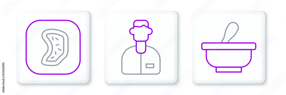 Set line Mortar and pestle, Bacteria and Laboratory assistant icon. Vector Set line Mortar and pestle, Bacteria and Laboratory assistant icon. Vector