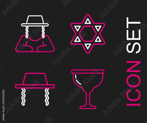 Set line Jewish goblet, Orthodox jewish hat, Star of David and icon. Vector